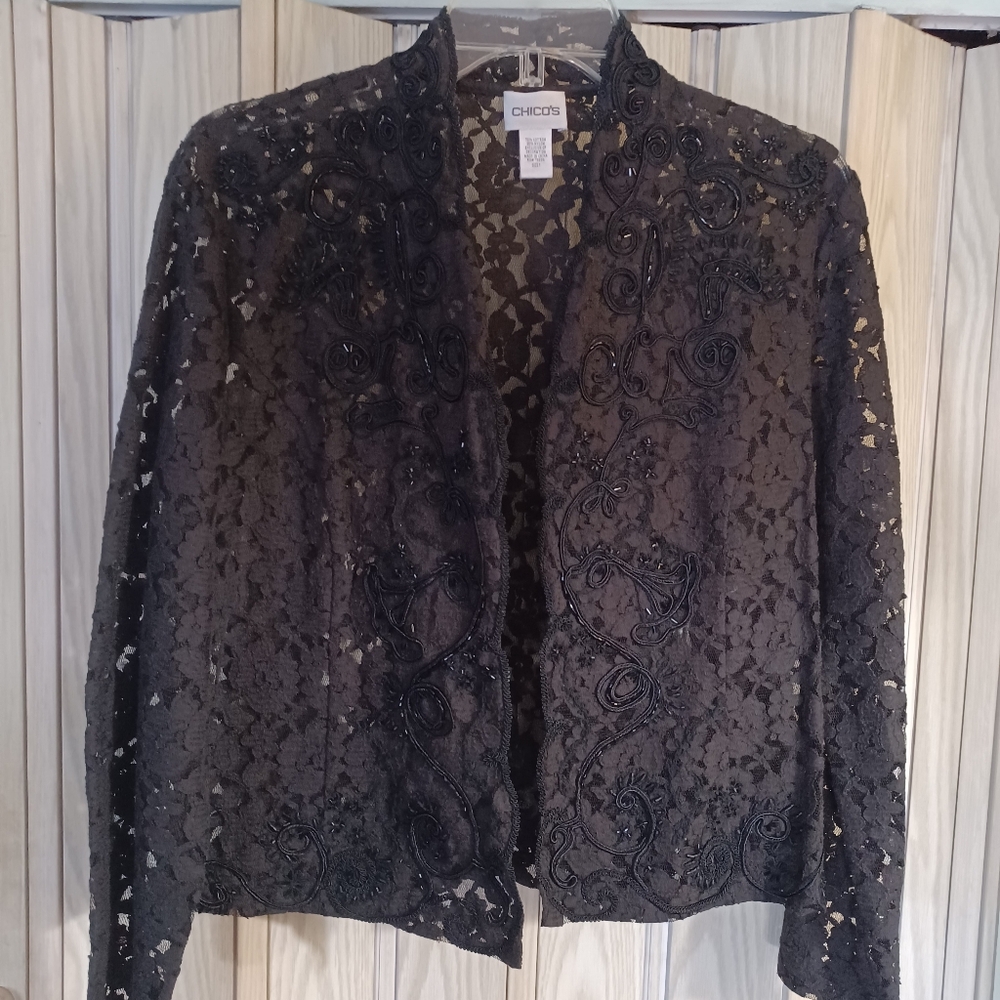 Chico's womens 1 medium black lace w sequin accents open blouse sheer.